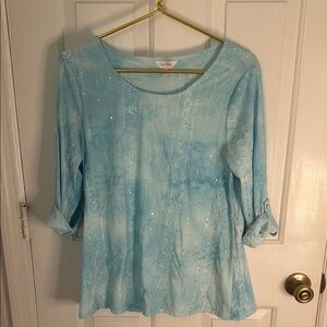 Coral Bay Light Aqua Women's Stretch Top,Roll Up Button Sleeves, Silver Sequins